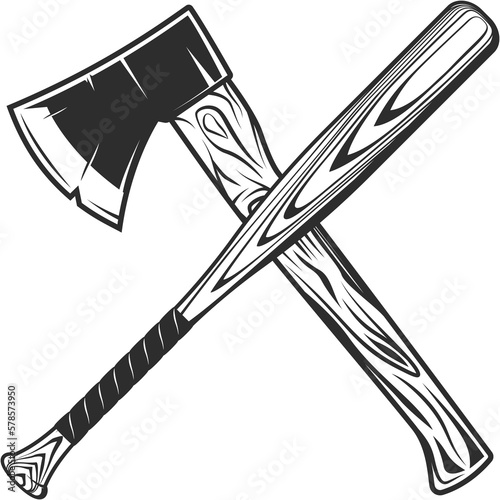 Lumberjack axe with baseball bat club emblem design elements template in vintage monochrome style isolated illustration photo