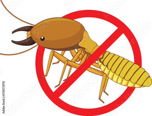 Termites prohibited stop insect bug animal sign symbol chemical spray pest control wood cartoon vector 