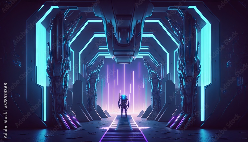 3d illustration of blue and purple futuristic sci-fi techno lights-cool background. Generative ai 3d illustration of blue and purple futuristic sci-fi techno lights-cool background. Generative ai