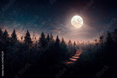 Beautiful night landscape with path to the forest and full moon. Generative AI Oil painting
