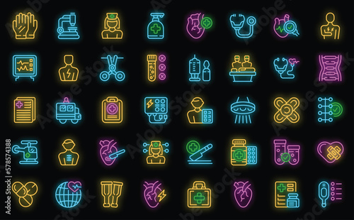Cardiac surgeon icons set outline vector. Valve medication. Heart aortic neon color on black