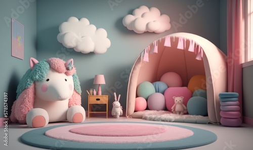 Generative AI of child room with pink unicorn and cute animal.