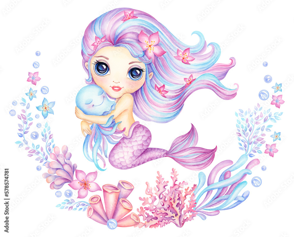 Cute little mermaid hugs octopus in floral sea wreath, watercolor hand drawing, friendship cartoon, undersea beautiful fairy princess in frame of seaweed, corals and flowers