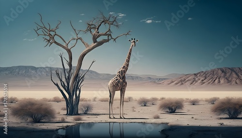 Giraffe stands on thin branch of withered tree in surreal landscape "The Lone Giraffe of the Jungle Observes Everything: A Unique Wildlife Encounter"