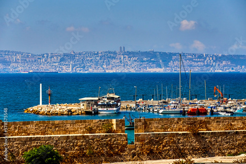 View of the port and city of haifa from the wall of Akko fortress, israel, on a nice sunny day