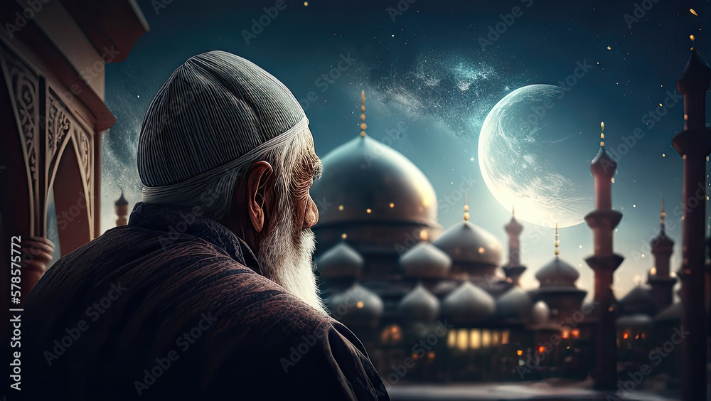 muslim old man praying on a starry and crescent moon moon night. Eid mubarak, eid al fitri, eid al adha, isra' mi'raj and Ramadan mubarak, ramadhan kareem concept. Generative AI	 - obrazy, fototapety, plakaty 