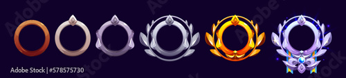 Fantasy medieval frames of game avatars or ranking badges. Empty button frames with wooden, silver, bronze and golden borders with laurel and pennant, vector cartoon set isolated on background