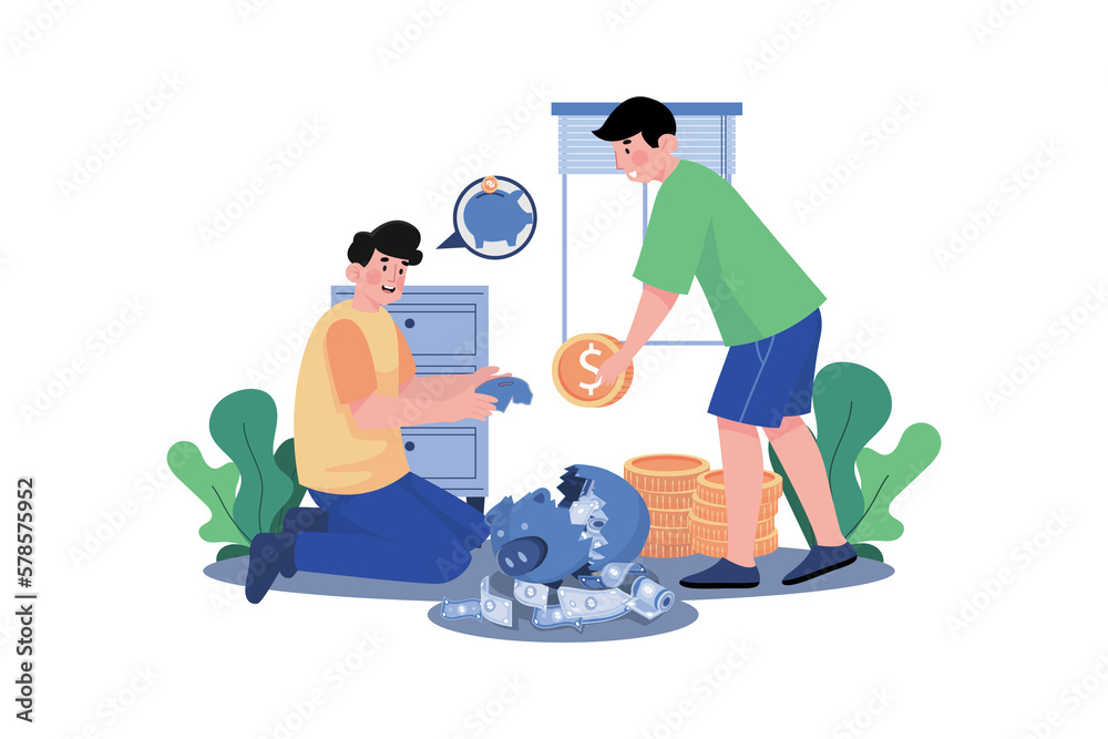 Man broke a piggy bank on the floor Man broke a piggy bank on the floor