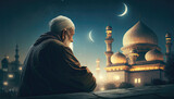 muslim old man praying on a starry and crescent moon moon night. Ramadan concept. Eid mubarak, Eid al adha, hajj and muharram islamic year concept. Generative AI