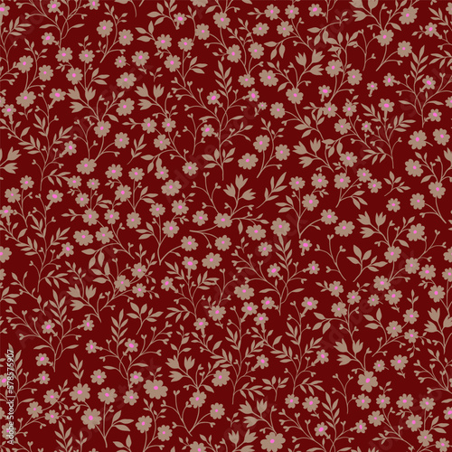 Vintage seamless tiny floral pattern. Dark red background with small red flowers. Design for wallpaper, clothing, packaging, fabric, cover, textiles