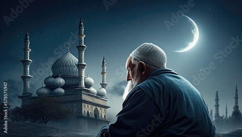 muslim old man praying on a starry and crescent moon moon night. Ramadan concept. Eid mubarak, Eid al adha, hajj and muharram islamic year concept. Generative AI