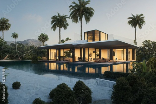 Luxury Villa exterior with green garden and palm trees. Luxury home in Spain. Tropical Villa Resort, Spanish Real Estate in Sierra Blanca, Marbella. Luxurious residence on. Generative AI © Provodnik