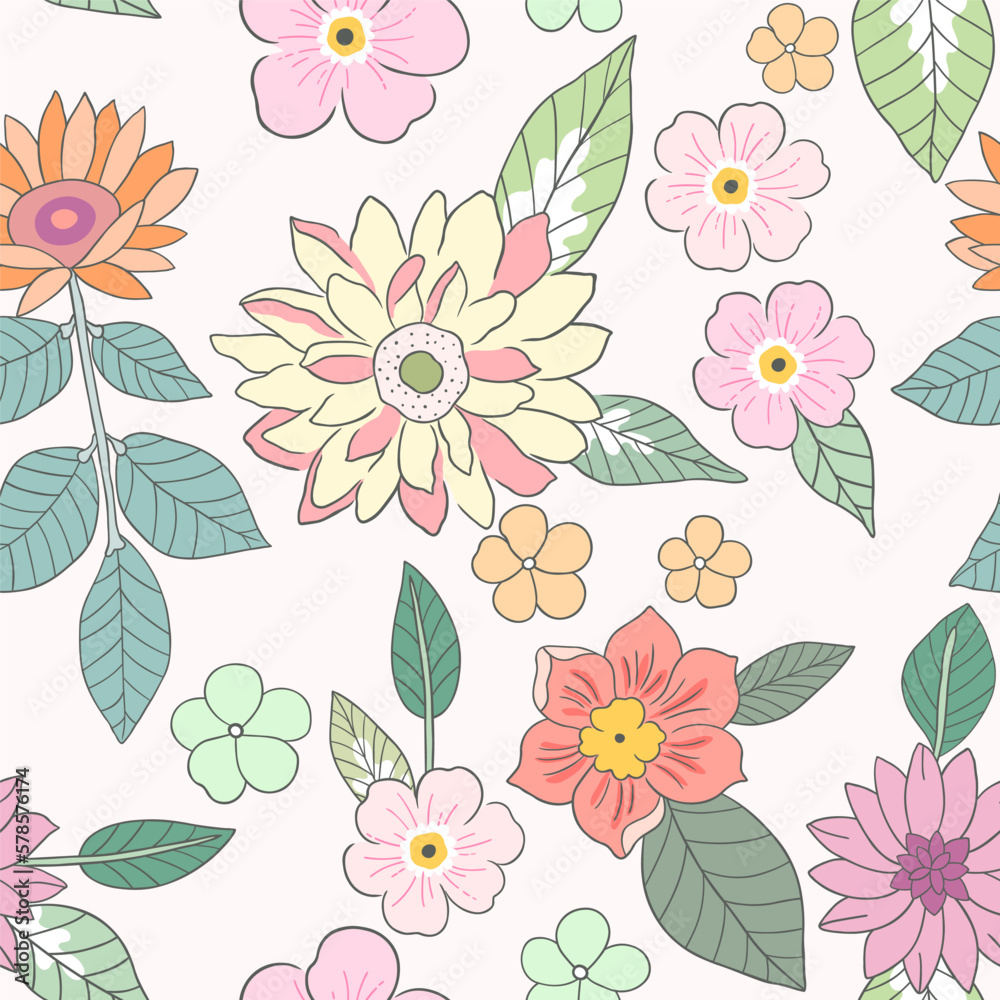 Fototapeta premium Botanical seamless pattern, various pink and yellow flowers on white, pastel vintage theme.