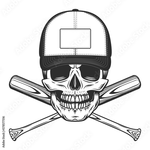 Skull in cap with baseball bat club emblem design elements template in vintage monochrome style isolated vector illustration