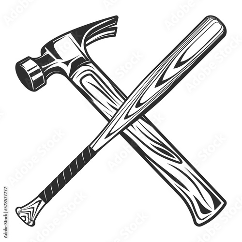 Construction hammer with baseball bat club emblem design elements template in vintage monochrome style isolated vector illustration