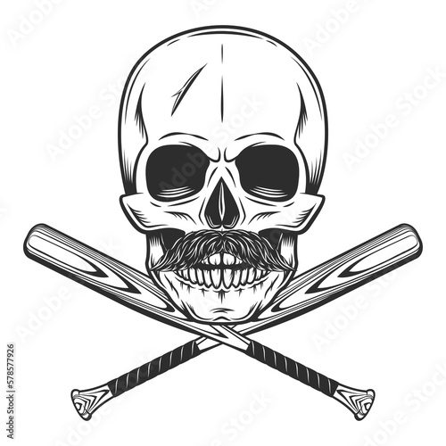 Skull and mustache with baseball bat club emblem design elements template in vintage monochrome style isolated vector illustration