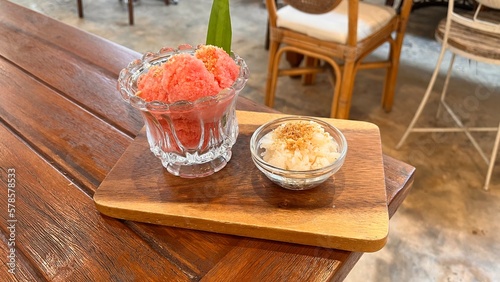 Top view Watermelon mashed top corner, eaten with sticky rice, sprinkled with minced fish