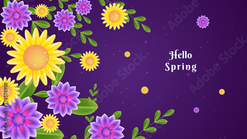 Hello spring. Beautiful purple spring landscape with floral design.