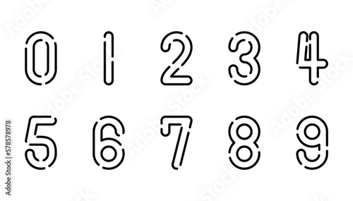 隙間のある線画の数字セット。シンプルでオシャレなモノクロデザイン。