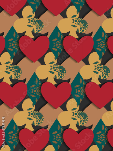 Seamless pattern with card symbols and ornament on the grey backgrounsd