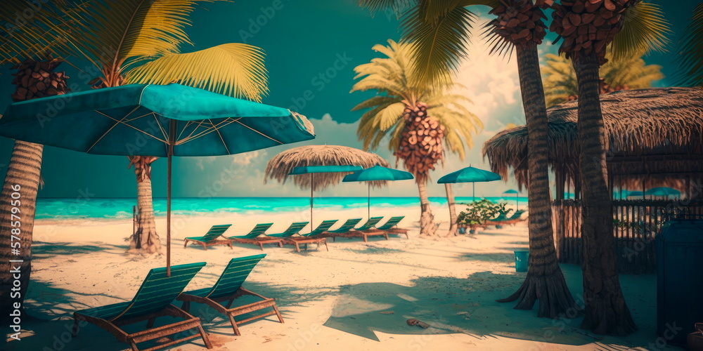 Umbrellas and sunbeds on the beach with coconut trees in the background Generative AI