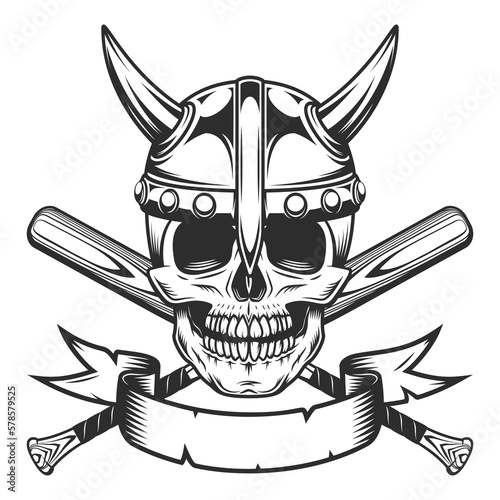Viking skull in horned helmet and ribbon with baseball bat club emblem design elements template in vintage monochrome style isolated vector illustration