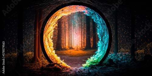 Glowing portal opening in the middle of a forest Generative AI photo