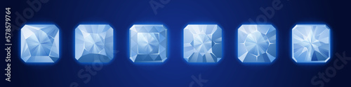 Cartoon set of diamond crystals isolated on dark background. Vector illustration of square gem stones with sparkling facets. Shiny treasure jewels for 3 match game ui design. Gaming award, bonus