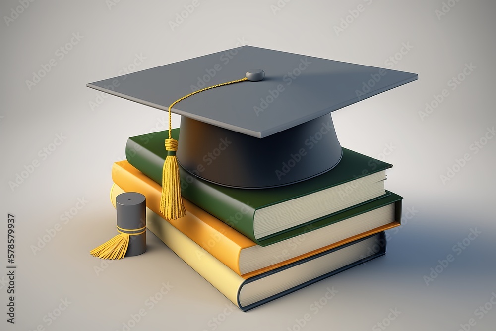 books and black graduation cap on gray background table Stock ...
