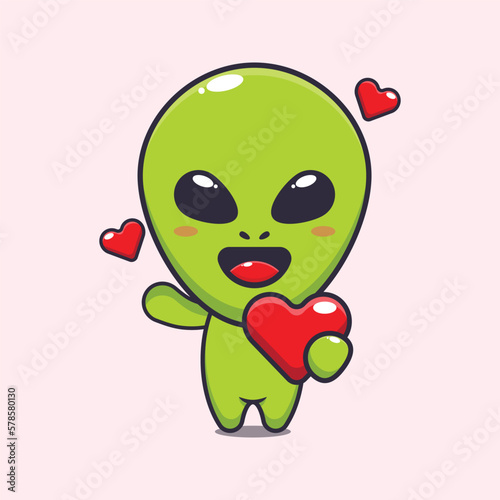 Cute alien holding love heart at valentine's day cartoon vector Illustration.