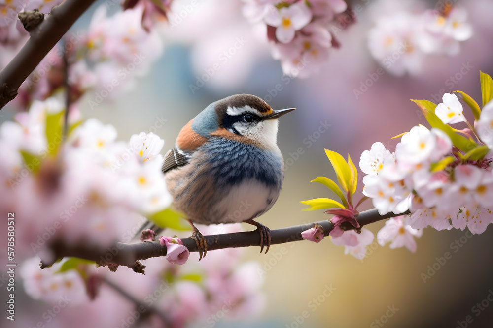 a little small bird on a beautiful cherry blossom tree branch