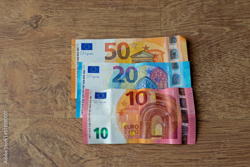 Euro money lying on the table banknotes. 