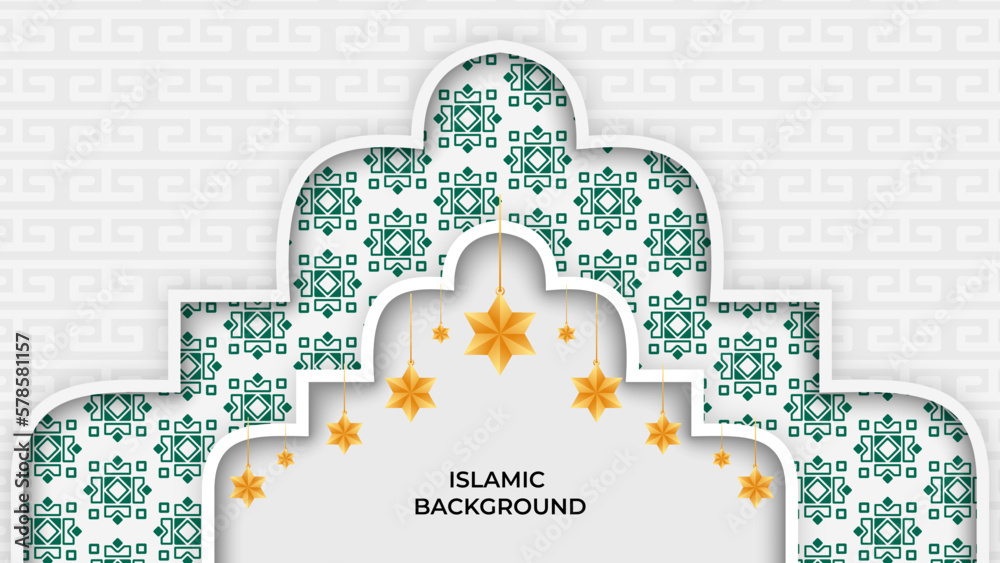 Arabic ornamental white and green background in paper style.