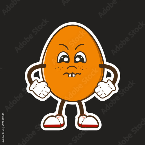 egg character angry, annoyed, wants to fight, vector character in the style of the 90s, 2K, retro sticker