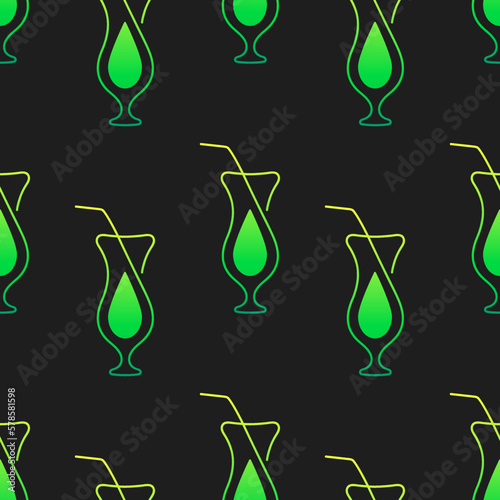 Alcohol cocktail vector seamless pattern. Green gradient elements on black background. Best for textile, wallpapers, wrapping paper, package and bar decoration.