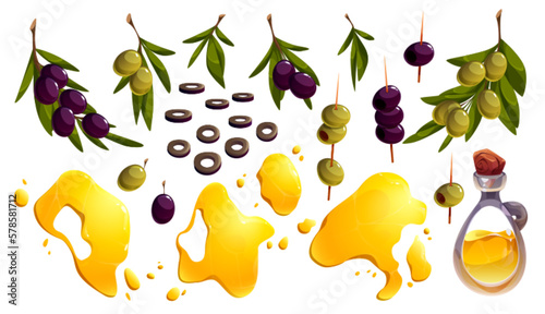 Isolated Olive tree branch set with oil bottle. Cartoon illustration with berry on skewer and yellow liquid spots. Natural greece culinary condiment icon and symbol for mediterranean design.