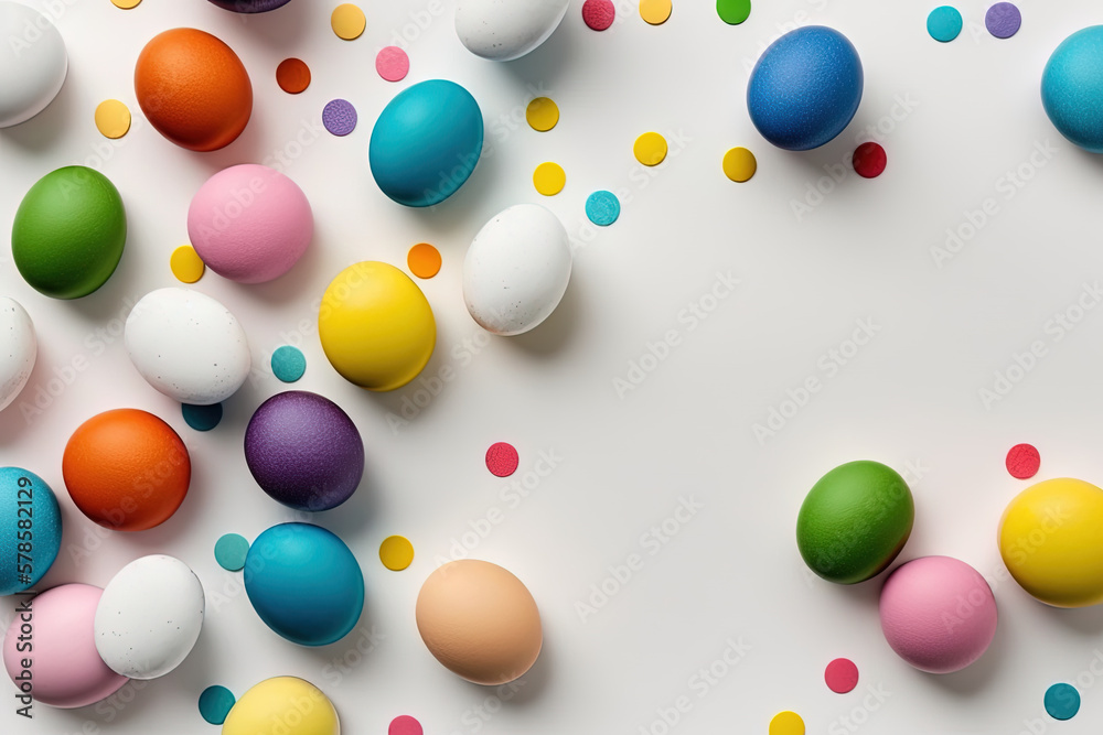 top view of colorful Easter eggs on white background, generative ai