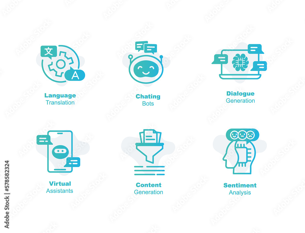 GPT applications concept with icons. Dialogue Generation, Sentiment Analysis, Content
Generation, Language Translation, Virtual assistants, Vector infographic in gradient style. GPT applications concept with icons. Dialogue Generation, Sentiment Analysis, Content
Generation, Language Translation, Virtual assistants, Vector infographic in gradient style.