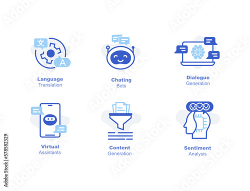 GPT applications concept with icons. Dialogue Generation, Sentiment Analysis, Content Generation, Language Translation, Virtual assistants, Vector infographic in solid colors style.
