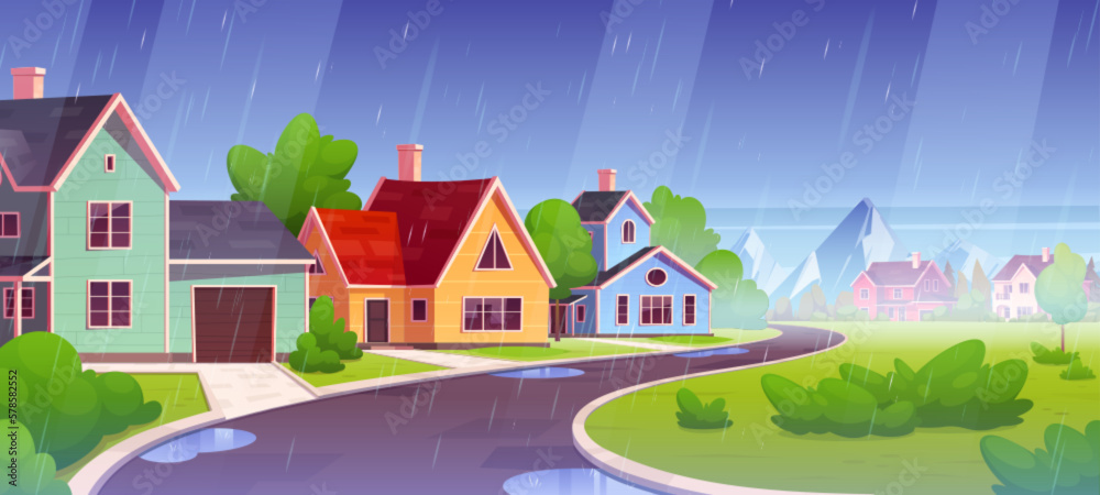Rainy weather and puddle on suburban street road cartoon background. Vector neighborhood landscape illustration with rain and residential building exterior. Nature near driveway and mountains view.