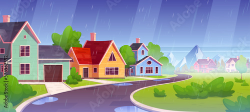 Rainy weather and puddle on suburban street road cartoon background. Vector neighborhood landscape illustration with rain and residential building exterior. Nature near driveway and mountains view.