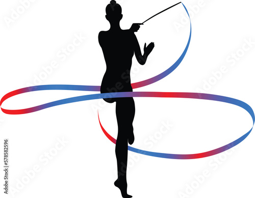 girl gymnast with colored ribbon for rhythmic gymnastics, black silhouette on white background, vector illustration