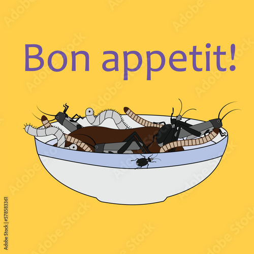 Bowl of various insects. Human nutrition of edible Insects. Alternative protein sources.