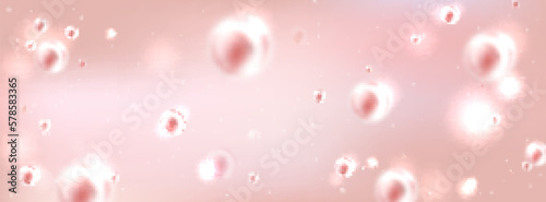 Realistic pink gel texture with air bubbles inside. Vector illustration of liquid substance with oil blobs, cosmetic product, collagen, hyaluron beauty care cosmetic product. Molecure structure