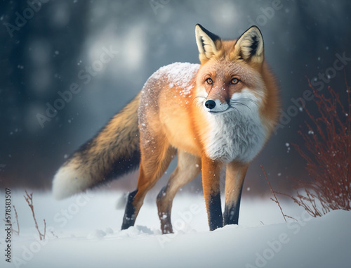 The fox in the snow wild. Generative AI.