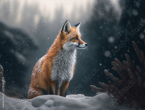 The fox in the snow wild. Generative AI. © Pattanan