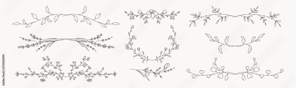 Hand drawn vintage floral borders, frames, dividers with flowers, branches and leaves. Trendy greenery elements in line art style. Vector for label, corporate identity, wedding invitation, card - obrazy, fototapety, plakaty 