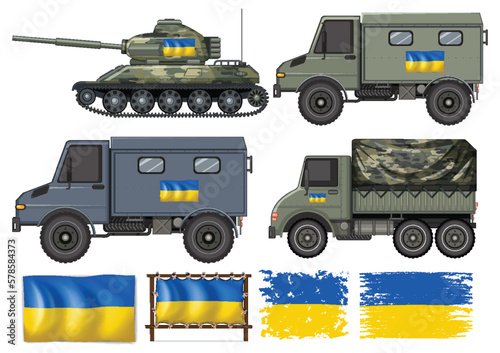 Set of military transportation and Ukraine flag