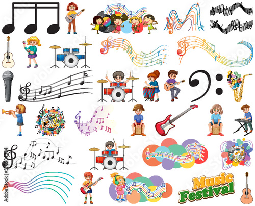 Kids musical instruments and music symbols set
