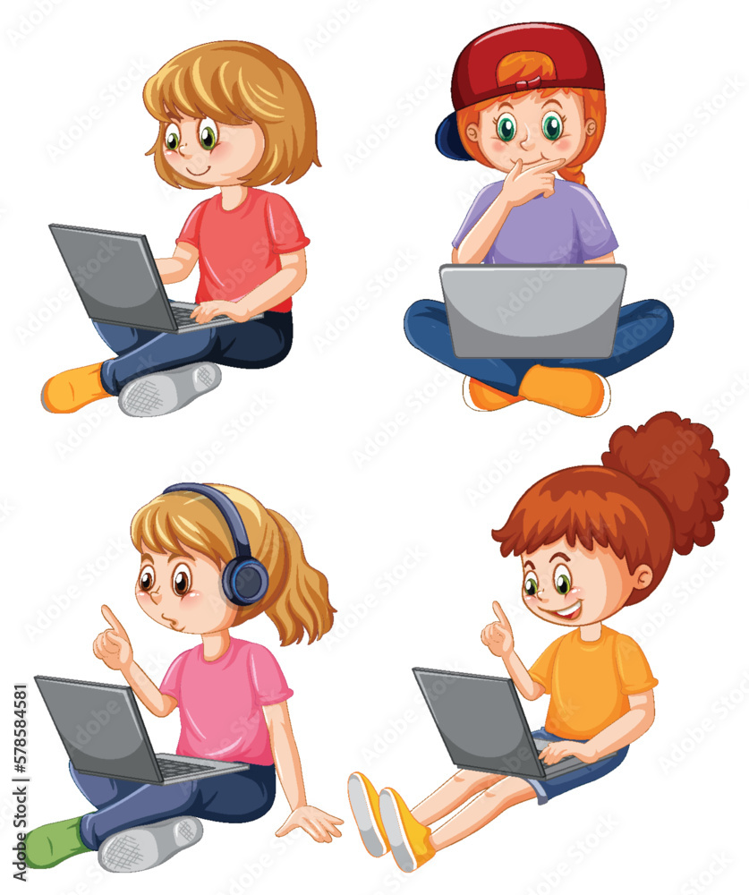 Set of children using laptop Set of children using laptop